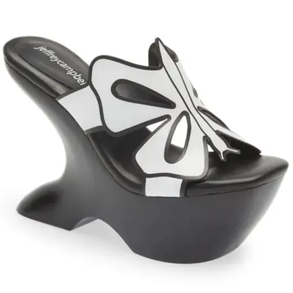 Jeffery Campbell white black platform Papillon butterfly leather mule wedge heel