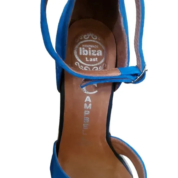 JEFFREY CAMPBELL BLUE CROCHET WEDGE PLATFORM SANDALS, SIZE 7.5
