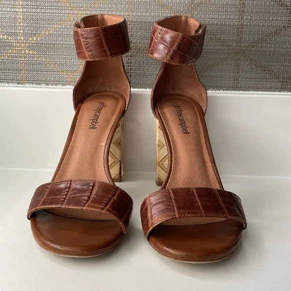 Jeffrey Campbell brown leather wood block heel sandals with ankle strap size 7.5