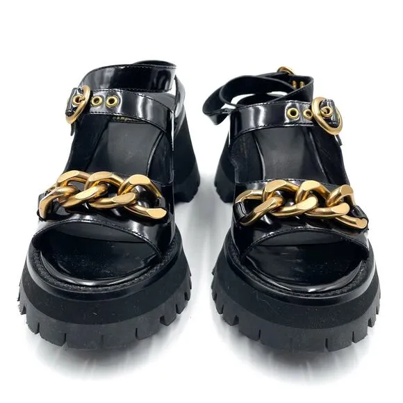 Jeffrey Campbell Crunched Sandals Black Leather Gold Chain Platform Lug Sz 8