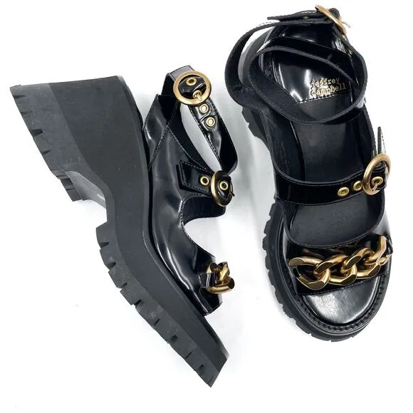 Jeffrey Campbell Crunched Sandals Black Leather Gold Chain Platform Lug Sz 8