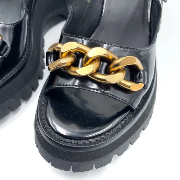 Jeffrey Campbell Crunched Sandals Black Leather Gold Chain Platform Lug Sz 8