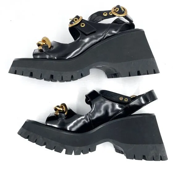 Jeffrey Campbell Crunched Sandals Black Leather Gold Chain Platform Lug Sz 8