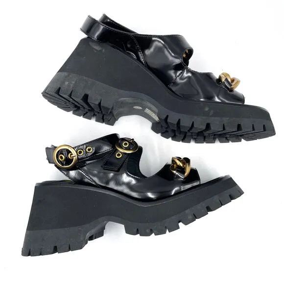 Jeffrey Campbell Crunched Sandals Black Leather Gold Chain Platform Lug Sz 8