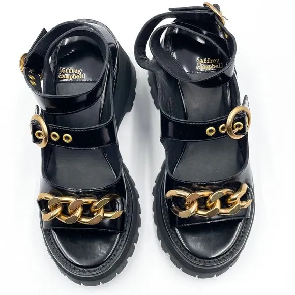 Jeffrey Campbell Crunched Sandals Black Leather Gold Chain Platform Lug Sz 8