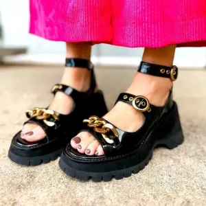 Jeffrey Campbell Crunched Sandals Black Leather Gold Chain Platform Lug Sz 8