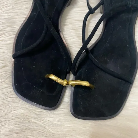 Jeffrey Campbell Island Black Suede Gold Toe Loop Square Toe Sling Back Sandals