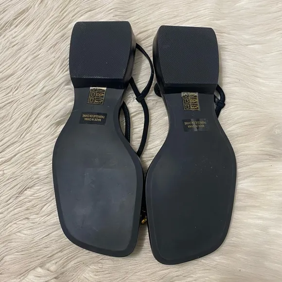 Jeffrey Campbell Island Black Suede Gold Toe Loop Square Toe Sling Back Sandals