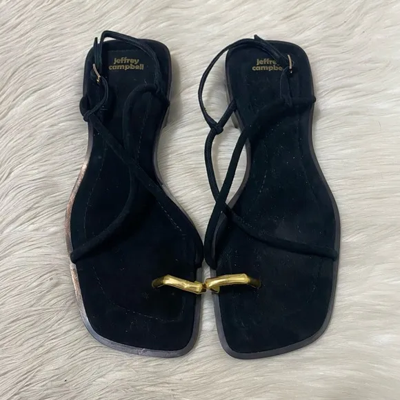 Jeffrey Campbell Island Black Suede Gold Toe Loop Square Toe Sling Back Sandals