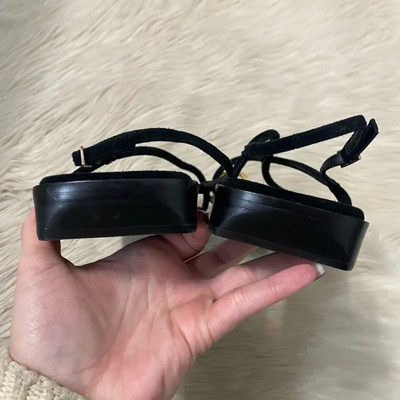 Jeffrey Campbell Island Black Suede Gold Toe Loop Square Toe Sling Back Sandals