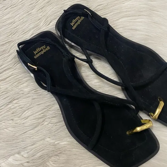 Jeffrey Campbell Island Black Suede Gold Toe Loop Square Toe Sling Back Sandals
