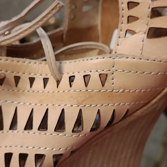 JEFFREY CAMPBELL tan cutout leather wedge sandals
