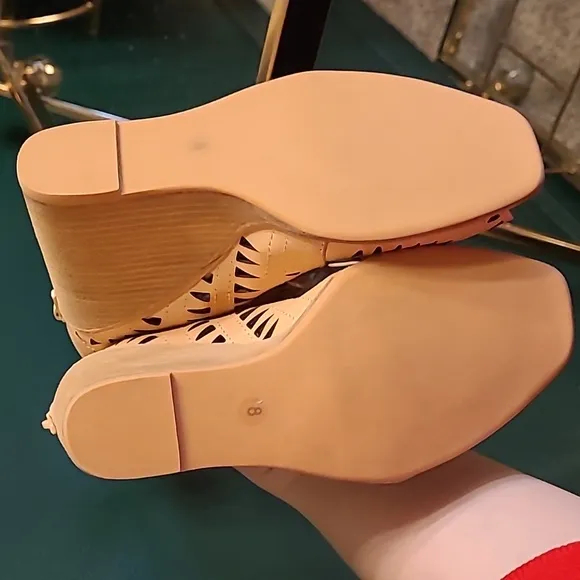 JEFFREY CAMPBELL tan cutout leather wedge sandals