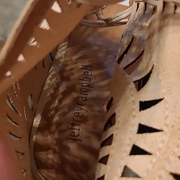 JEFFREY CAMPBELL tan cutout leather wedge sandals