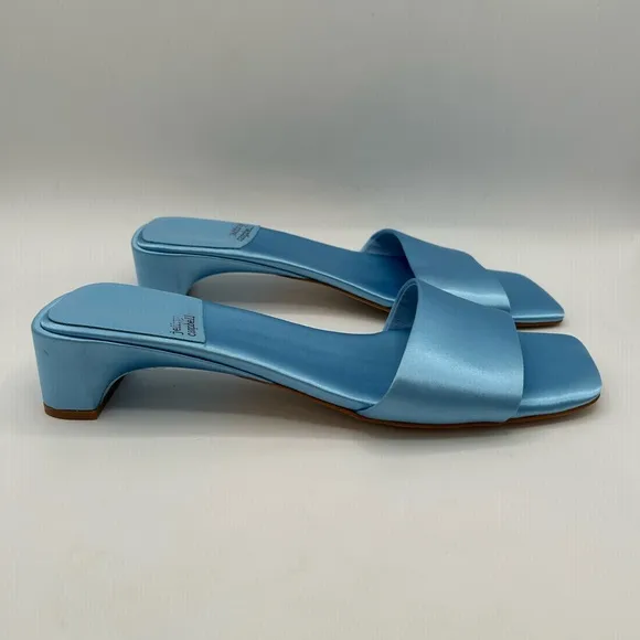 Jeffrey Campbell Women's Low Key Slip On Kitten Heels Sandals Blue Satin 8.5