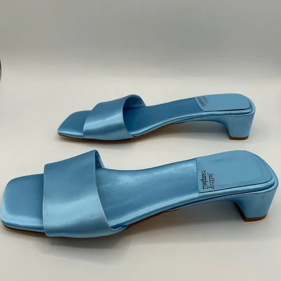 Jeffrey Campbell Women's Low Key Slip On Kitten Heels Sandals Blue Satin 8.5