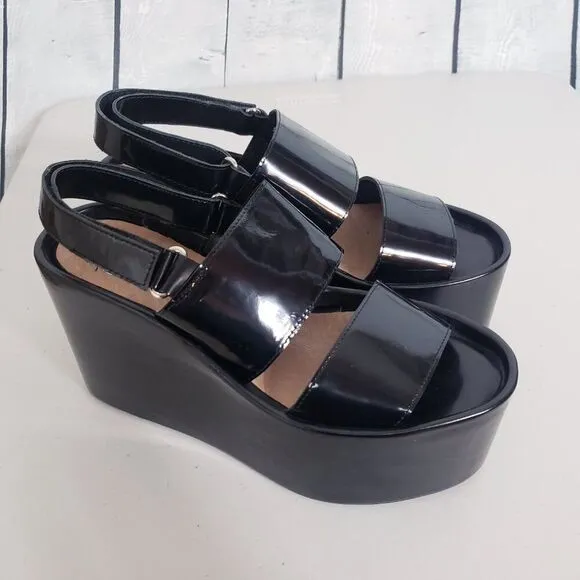 Jeffrey Campbell Platform Vegan Patent Leather Slingback Sandals Size 8.5 Black
