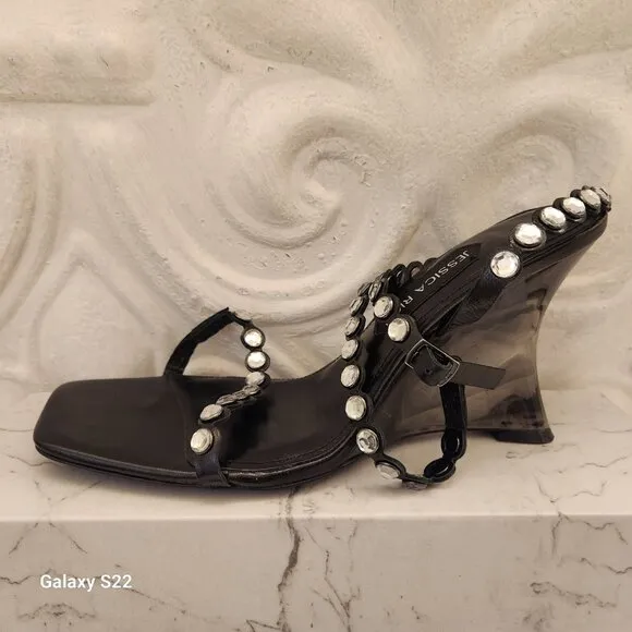 Jessica Rich Leather DIAMOND WEDGE Sandals. 90 MM | Black. NIB. Size 41/US 11