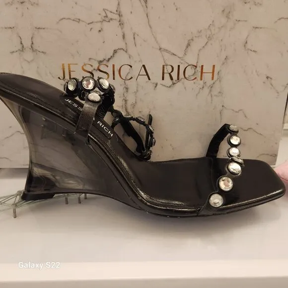 Jessica Rich Leather DIAMOND WEDGE Sandals. 90 MM | Black. NIB. Size 41/US 11
