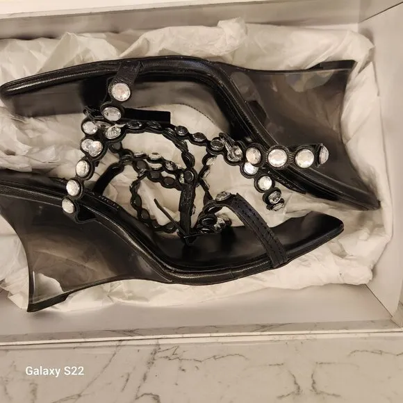 Jessica Rich Leather DIAMOND WEDGE Sandals. 90 MM | Black. NIB. Size 41/US 11