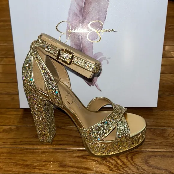 Jessica Simpson Gavynne Sequins Platform Sandals Party Gold Women’s Size 5