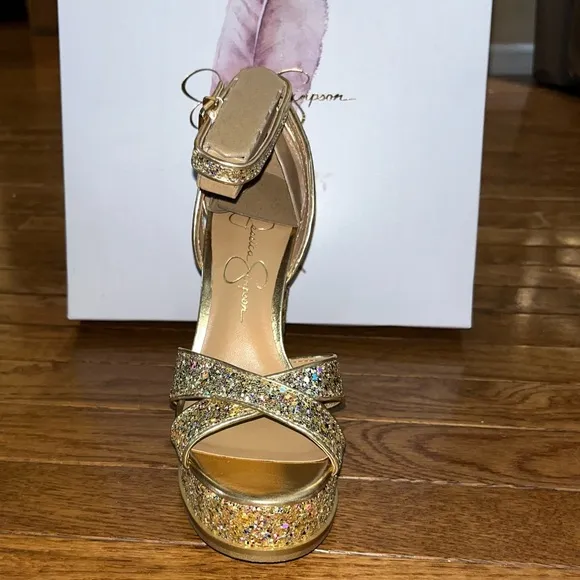 Jessica Simpson Gavynne Sequins Platform Sandals Party Gold Women’s Size 5