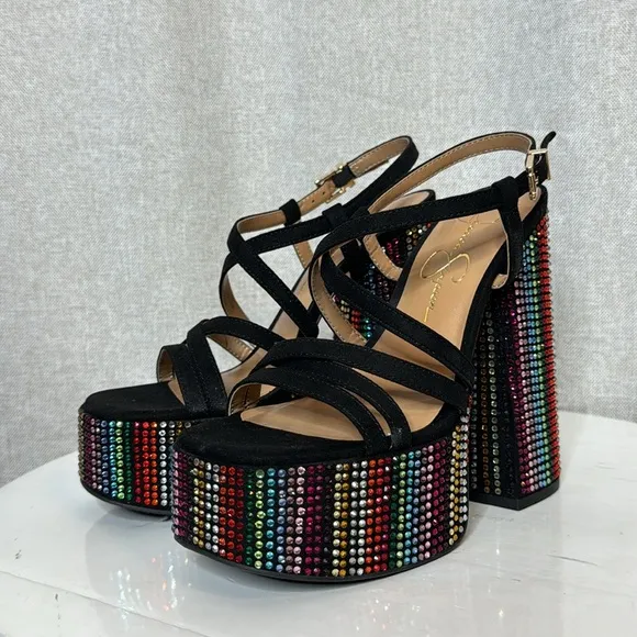 JESSICA SIMPSON SALIH BLACK RAINBOW RHINESTONE PLATFORM SANDALS **NIB**