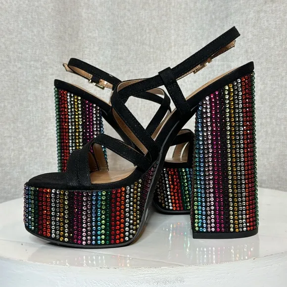 JESSICA SIMPSON SALIH BLACK RAINBOW RHINESTONE PLATFORM SANDALS **NIB**