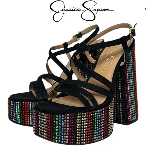 JESSICA SIMPSON SALIH BLACK RAINBOW RHINESTONE PLATFORM SANDALS **NIB**