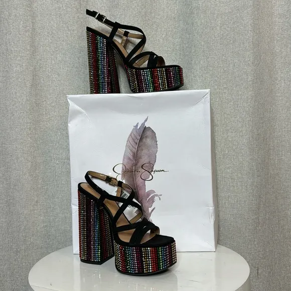 JESSICA SIMPSON SALIH BLACK RAINBOW RHINESTONE PLATFORM SANDALS **NIB**