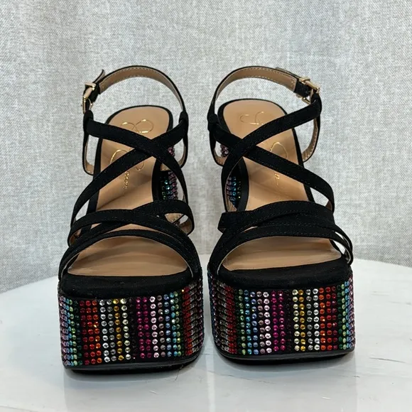JESSICA SIMPSON SALIH BLACK RAINBOW RHINESTONE PLATFORM SANDALS **NIB**
