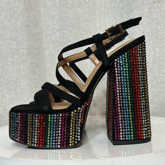 JESSICA SIMPSON SALIH BLACK RAINBOW RHINESTONE PLATFORM SANDALS **NIB**