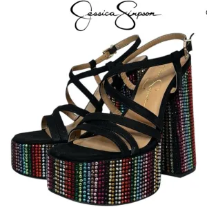 JESSICA SIMPSON SALIH BLACK RAINBOW RHINESTONE PLATFORM SANDALS **NIB**