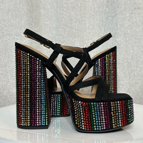 JESSICA SIMPSON SALIH BLACK RAINBOW RHINESTONE PLATFORM SANDALS **NIB**