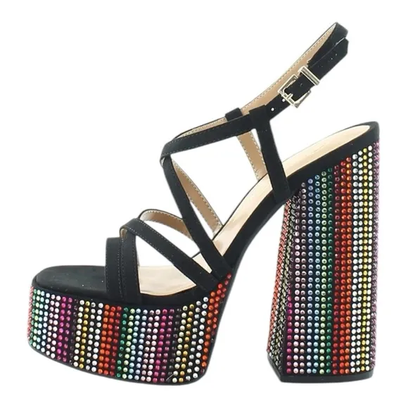 JESSICA SIMPSON SALIH BLACK RAINBOW RHINESTONE PLATFORM SANDALS **NIB**