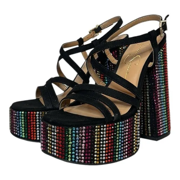 JESSICA SIMPSON SALIH BLACK RAINBOW RHINESTONE PLATFORM SANDALS **NIB**