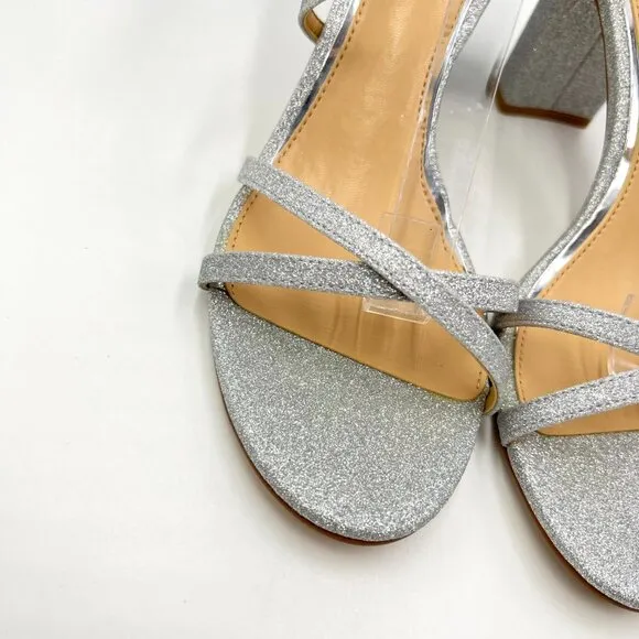 Jewel Badgley Mischka Womens 7.5 Silver Strappy Dress Sandals Heels Shoes