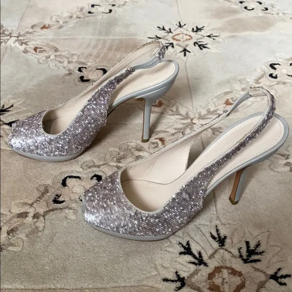 Jil Sander leather &amp; silver sequins peep toe heels sandals