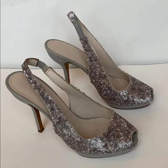 Jil Sander leather &amp; silver sequins peep toe heels sandals