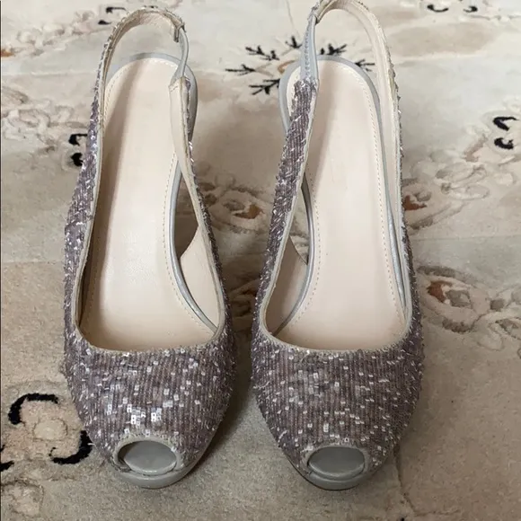 Jil Sander leather &amp; silver sequins peep toe heels sandals