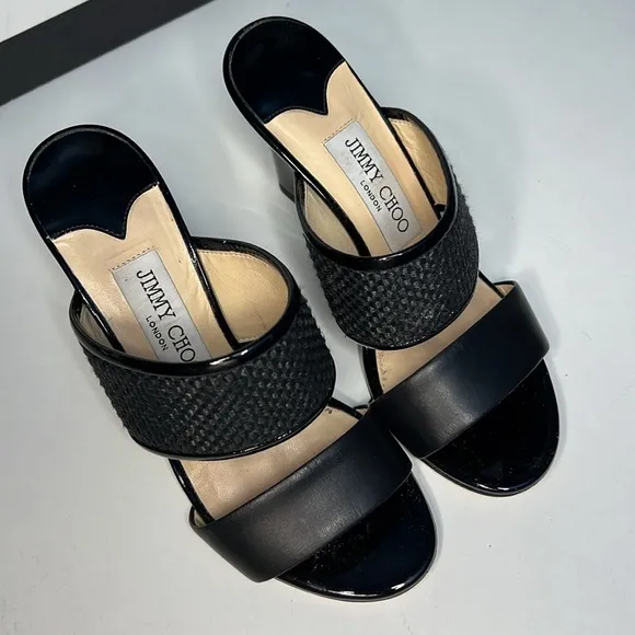 Jimmy Choo  Black Patton Leather Wedge Sandals  Women’s size 5.5
