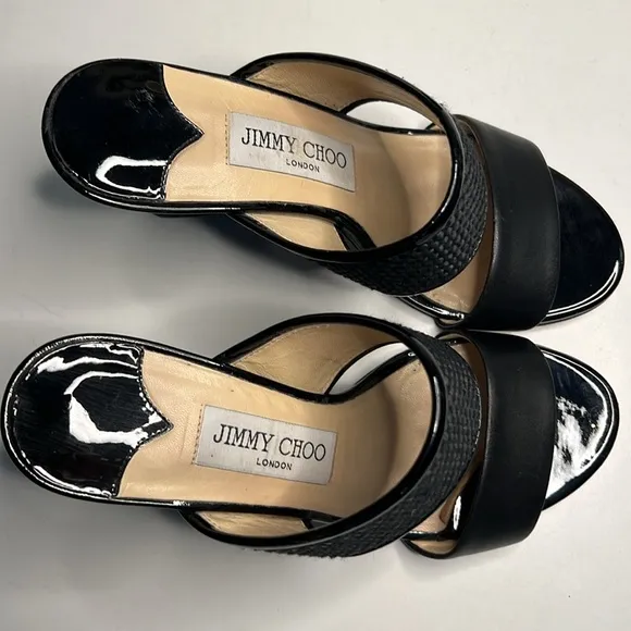 Jimmy Choo  Black Patton Leather Wedge Sandals  Women’s size 5.5