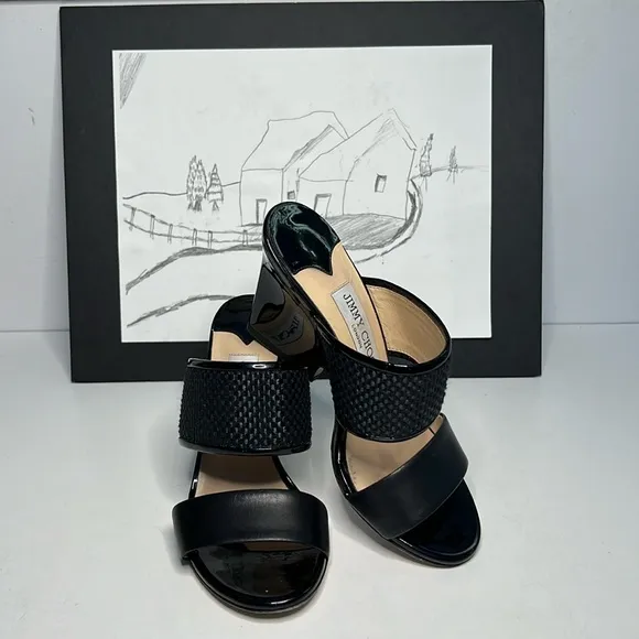 Jimmy Choo  Black Patton Leather Wedge Sandals  Women’s size 5.5
