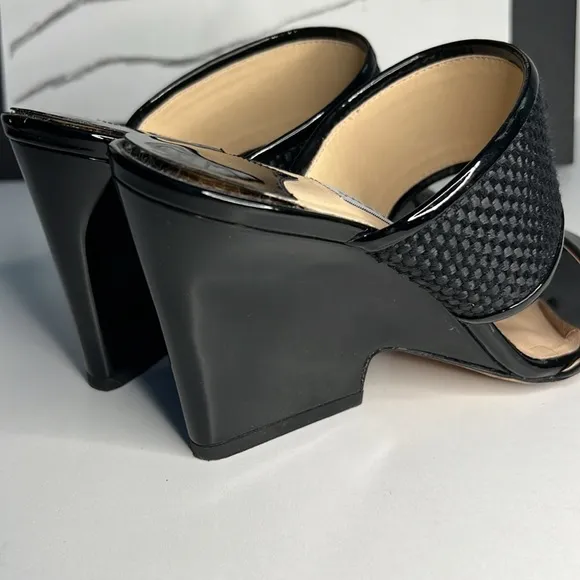 Jimmy Choo  Black Patton Leather Wedge Sandals  Women’s size 5.5