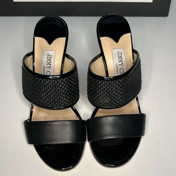 Jimmy Choo  Black Patton Leather Wedge Sandals  Women’s size 5.5