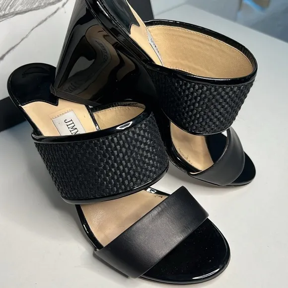 Jimmy Choo  Black Patton Leather Wedge Sandals  Women’s size 5.5