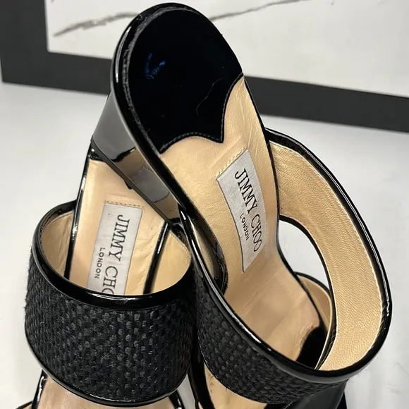 Jimmy Choo  Black Patton Leather Wedge Sandals  Women’s size 5.5