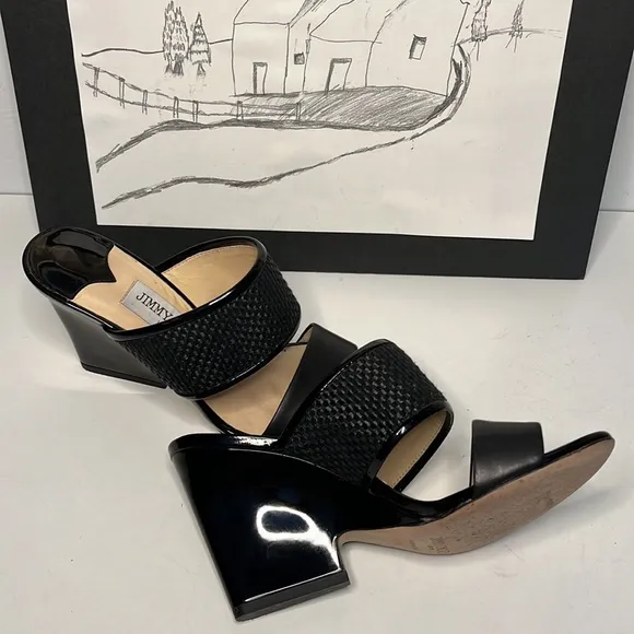 Jimmy Choo  Black Patton Leather Wedge Sandals  Women’s size 5.5