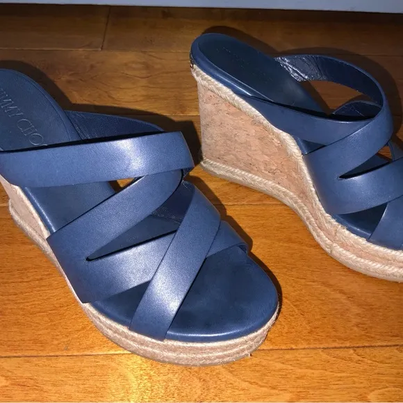 Jimmy Choo blue leather wedge sandals