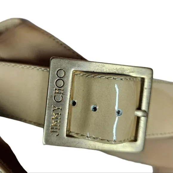Jimmy Choo Fearne Cross Strap Wedge Sandals In Beige Patent Leather Sandals 39.5